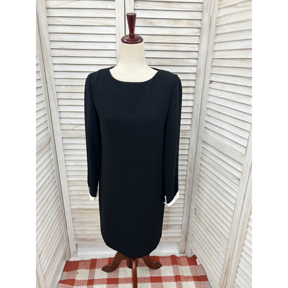 Theory Shift Dress Size 2 Black White Preppy Old Money Workwear Long Sleeve EUC